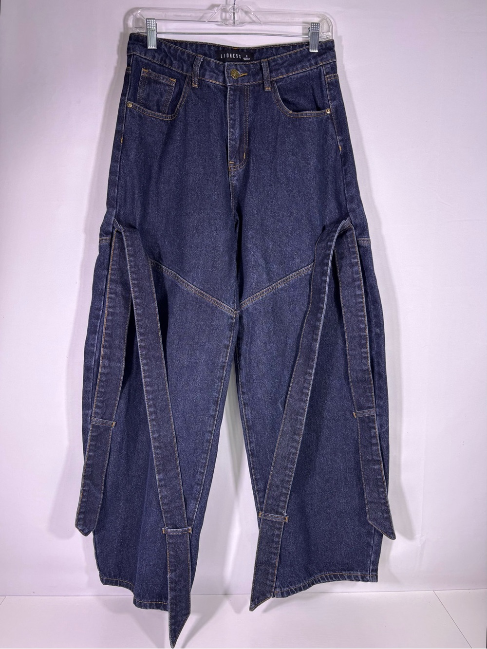 Lioness Wide Leg Strap Detail Jeans Dark Wash Utility Denim Size Small